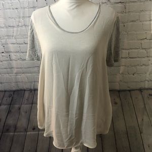 LOFT gray and white tee with chiffon overlay